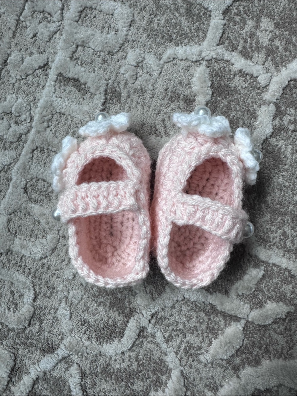 Handcrafted Pink Baby Crochet Mary Jane Booties with White Flower Accent